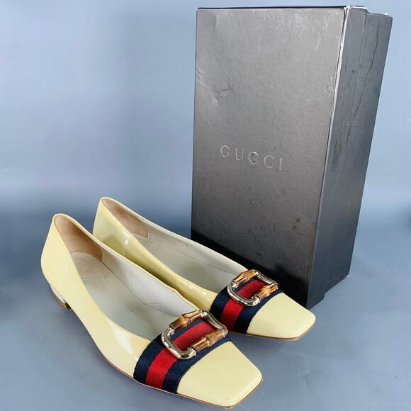 GUCCI Vintage 10 Vernice Beige Red Blue Patent Leather Web Bamboo Buckle Flats - Picture 14 of 15